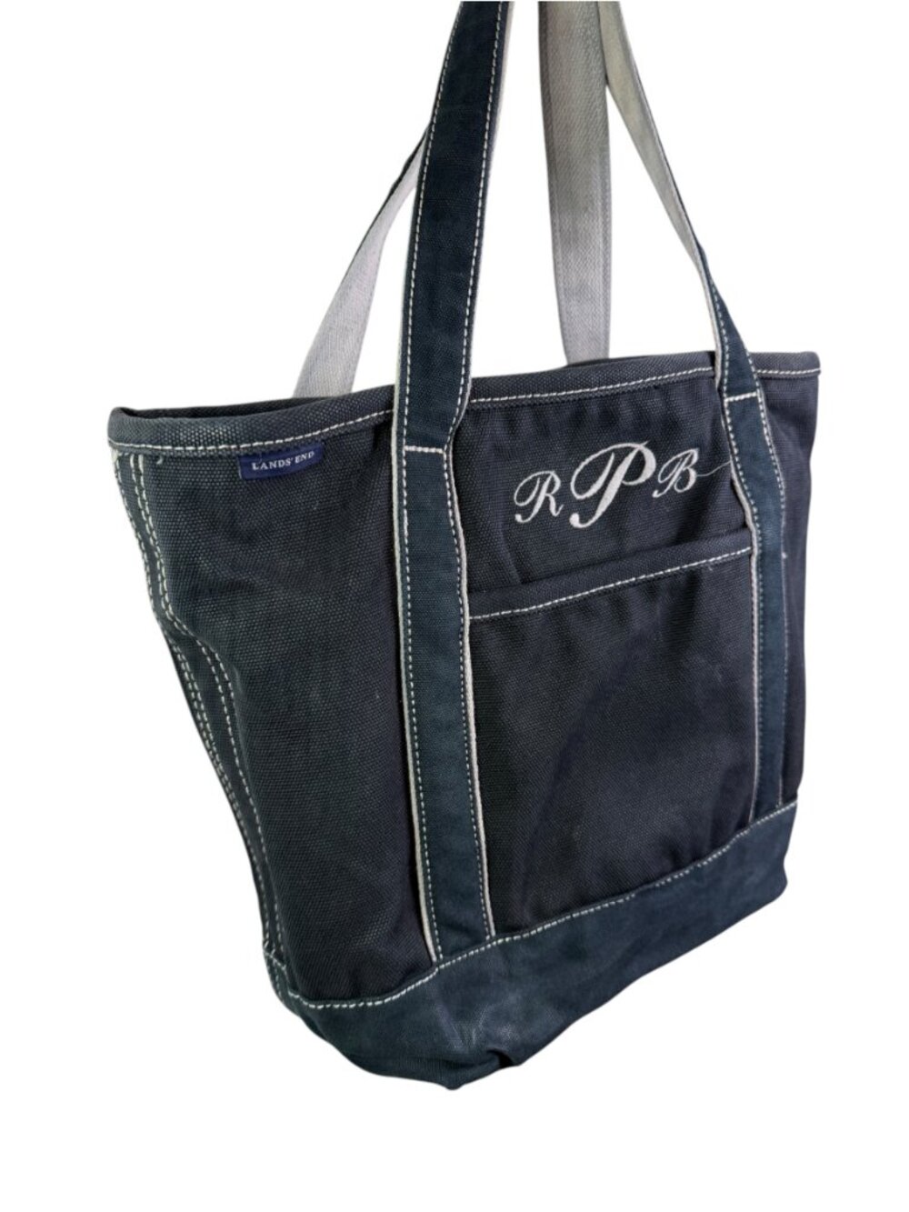 Lands’ End Canvas Tote Navy Blue Zip Top Monogram RPB 390582